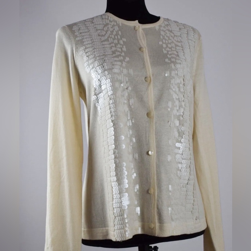 ST JOHN beige sequins silk wool and cashmere button up cardigan sweater